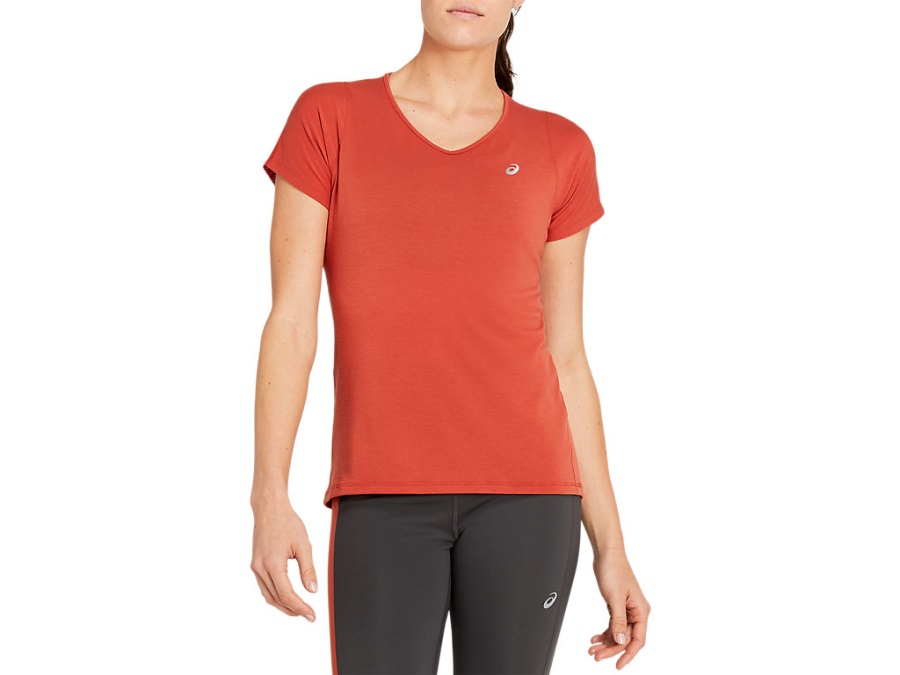 Asics レディース Vネック 半袖 トップ スパイスラテ